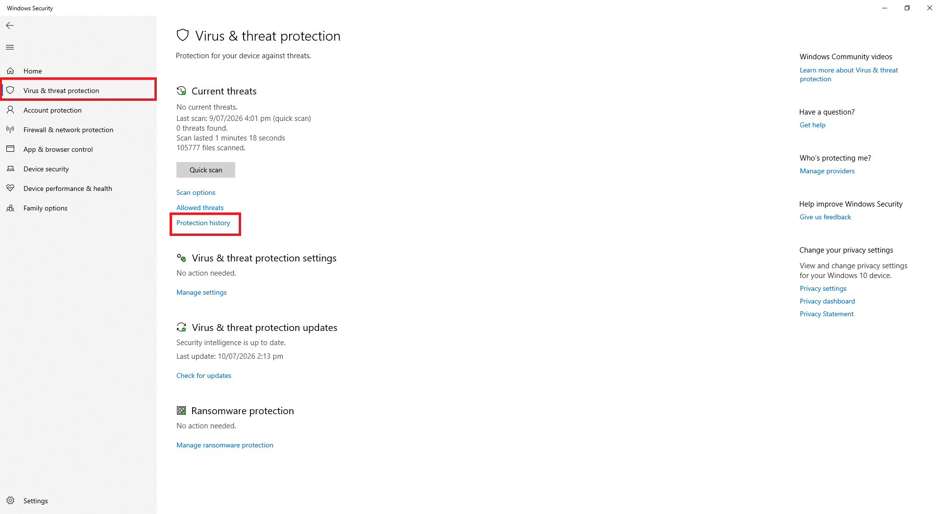 Windows Security showing Virus and threat protection and the Protection history link