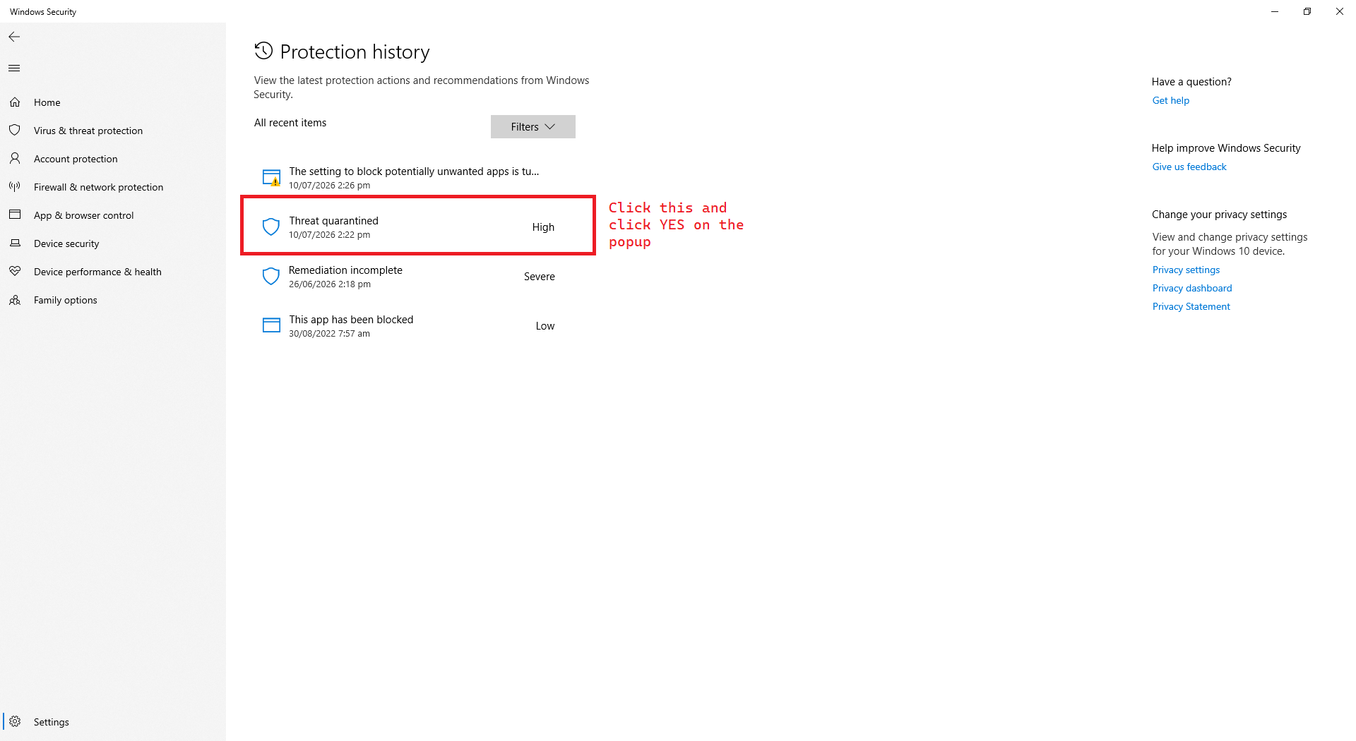 Windows Security Protection history showing a Threat quarantined item