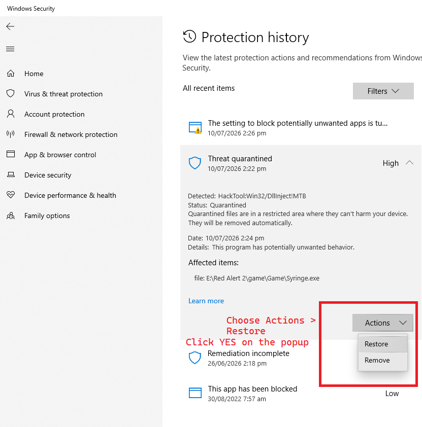 Windows Security threat details showing the Actions menu and Restore option for syringe.exe