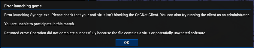 CnCNet game launch error with a Windows Security notification saying threats found
